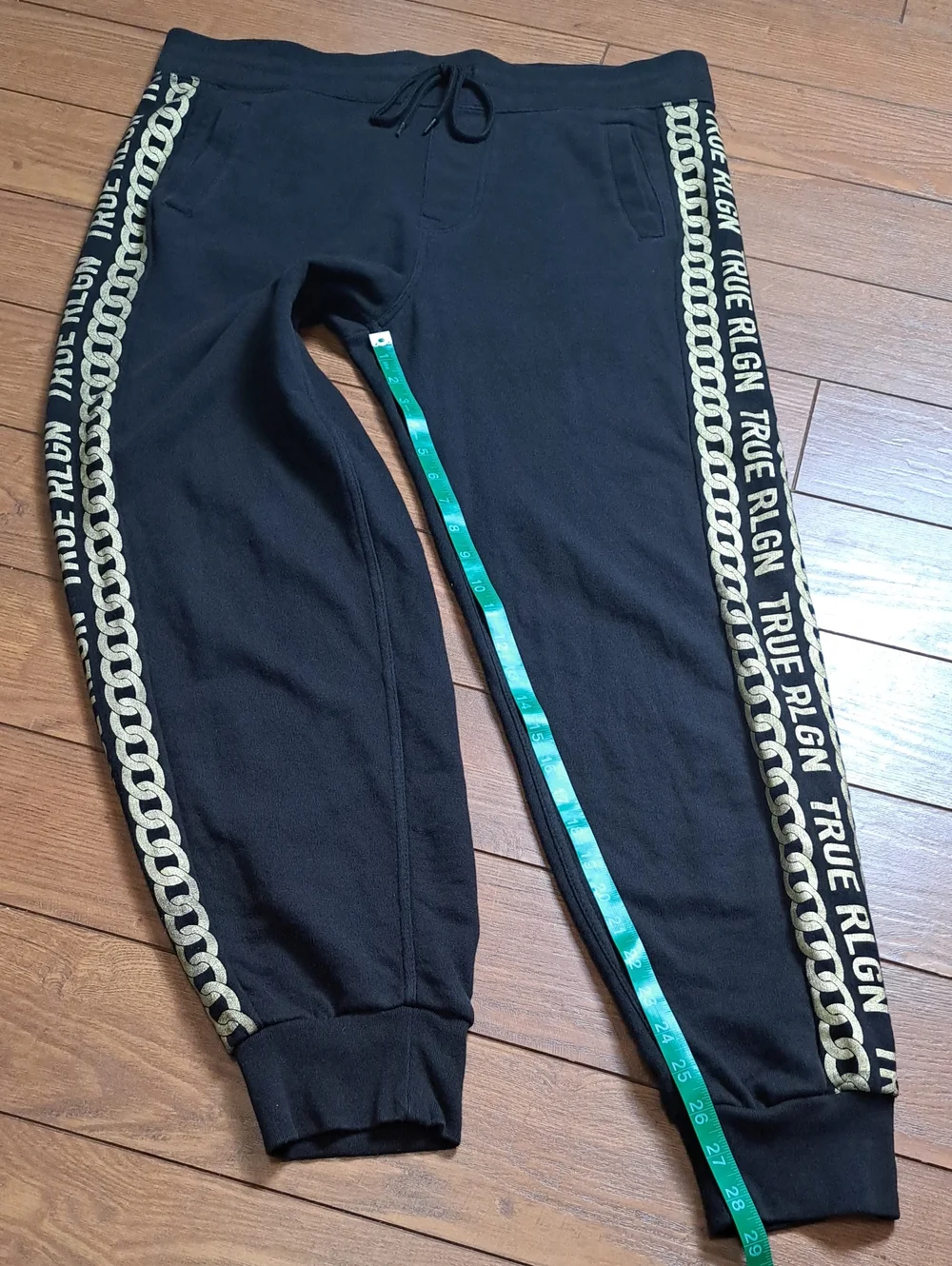 True Religion Gold Chain Link Side Stripe Joggers Black Mens Large Sweatpants